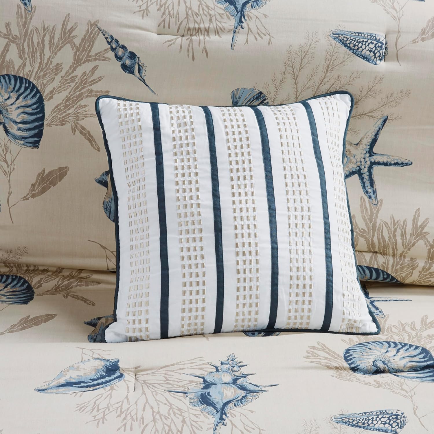 Madison Park 100% Cotton Comforter Set - Coastal Coral, Starfish Design All Season Down Alternative Cozy Bedding with Matching Shams, Decorative Pillow, King(104'x92'), Taupe 7 Piece