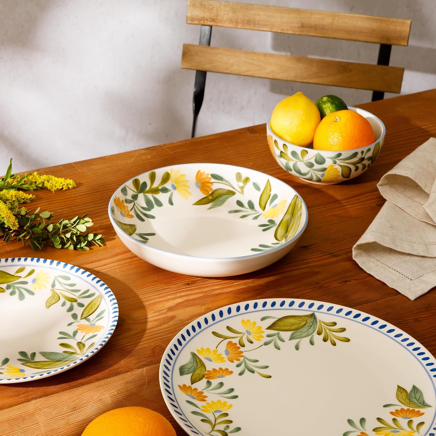 Bloomhouse - Two Time Oprah's Favorite Things Winner - Posy Blossom Double Bowl Hand Painted Stoneware Plates and Bowls Floral Dinnerware Set, Service for Four (16pcs)