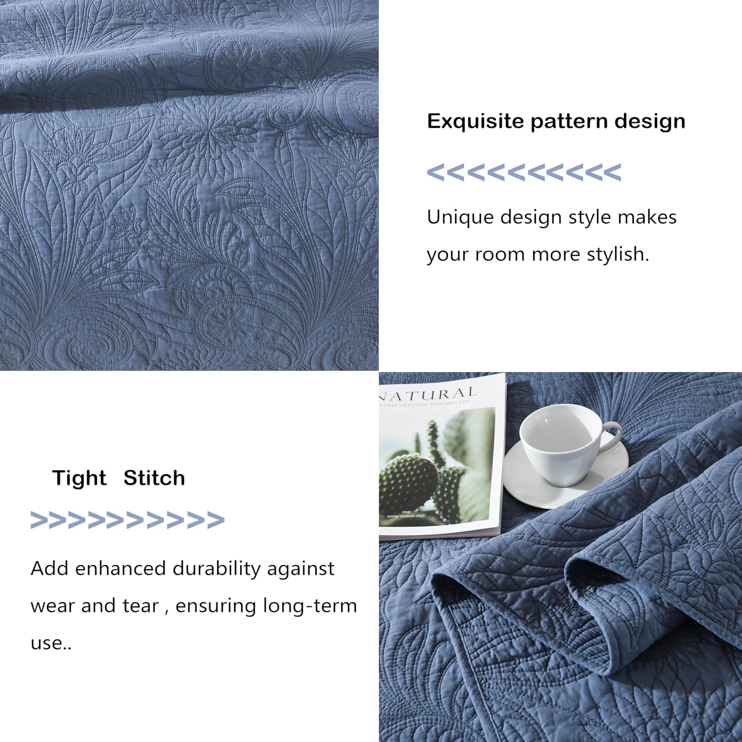 Cotton California King Size Comforter Set，Retro Blue Bedding，Paisley Bedspreads，Soft Cotton Quilt Solid Color (118'*106') with 2 Pillow Shams，Lightweight Bedspread All Seasons 3 Piece