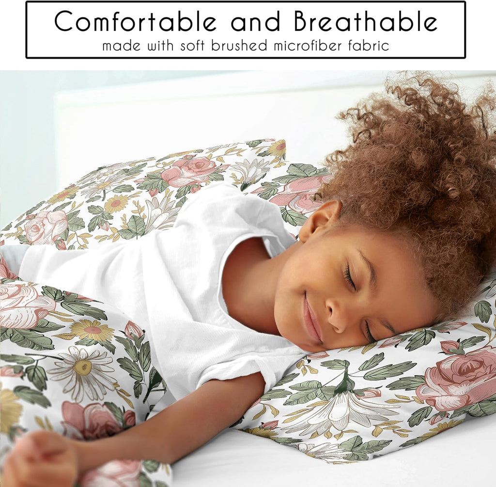 Sweet Jojo Designs Vintage Floral Boho Girl Full/Queen Size Kid Childrens Bedding Comforter Set - 3 Pieces - Blush Pink, Yellow, Green and White Shabby Chic Rose Flower Farmhouse