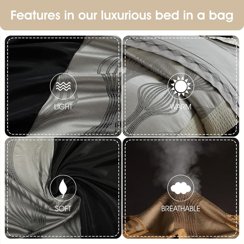 Grand Avenue Elegant Black and Silver Comforter Set California King Size, Striped, 7 Pieces Bedding & Collection, Jacquard All Season Comforter & Pillows, Ultra-Soft Microfiber