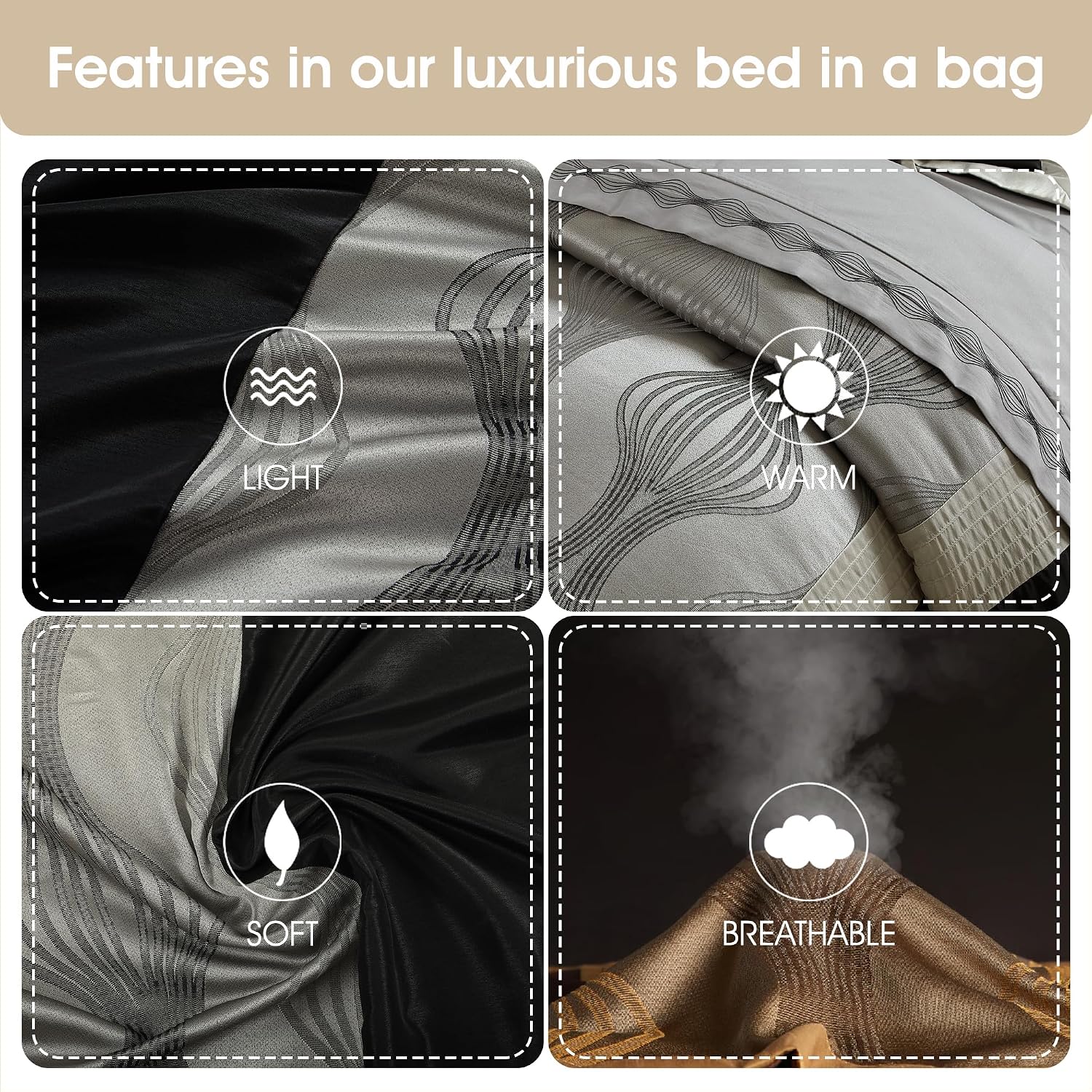 Grand Avenue Elegant Black and Silver Comforter Set California King Size, Striped, 7 Pieces Bedding & Collection, Jacquard All Season Comforter & Pillows, Ultra-Soft Microfiber