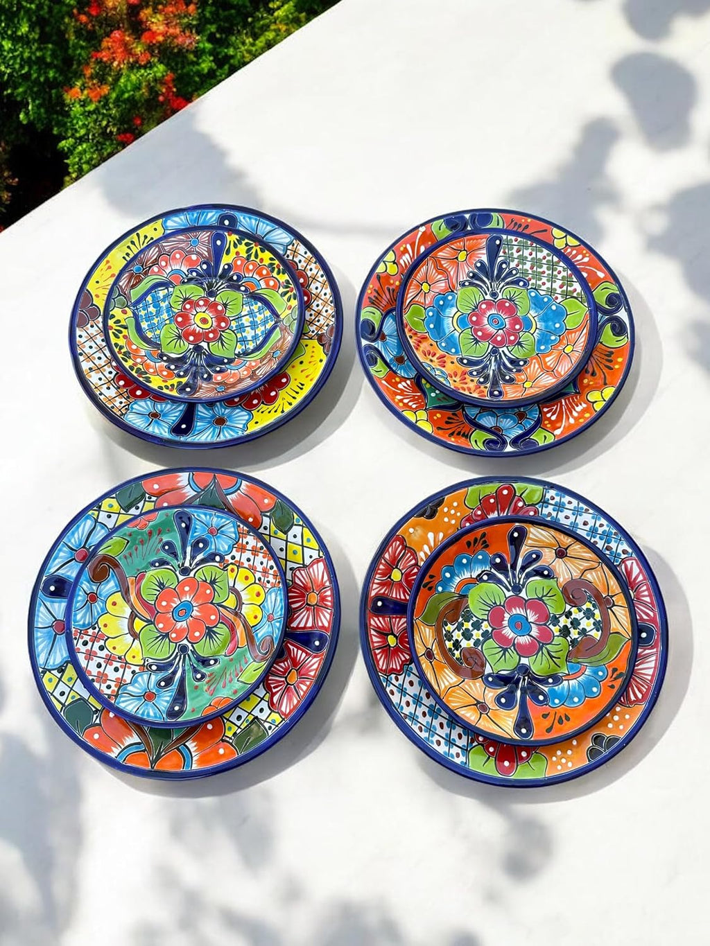 16-Piece Talavera Dinnerware Set | Hand-Painted Mexican Pottery with 4 Large 11.5' Plates, 4 Small 8' Plates, 4 Bowls, and 4 Mugs | Unique, Artisan-Made Ceramic Dish Set
