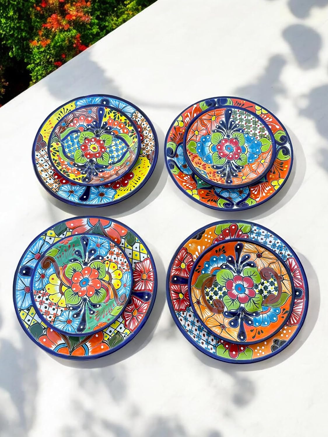 16-Piece Talavera Dinnerware Set | Hand-Painted Mexican Pottery with 4 Large 11.5' Plates, 4 Small 8' Plates, 4 Bowls, and 4 Mugs | Unique, Artisan-Made Ceramic Dish Set