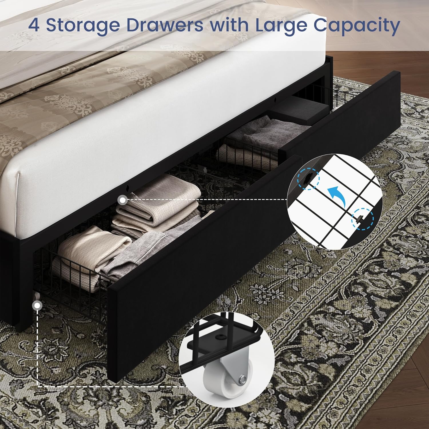BRELTAM King Size Bed Frame with 4 Storage Drawers Velvet Upholstered Platform Bed with Wingback Headboard, No Box Spring Needed, Easy Assembly, Black