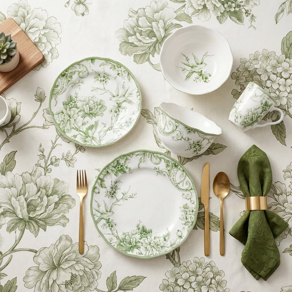 222 Fifth Adelaide Moss 16-Piece Porcelain Dinnerware Set – Service for 4, Big Dinner Plates and Bowls Sets with Mugs, Hand-Applied Decal, Microwave & Dishwasher Safe, for Everyday Entertainment