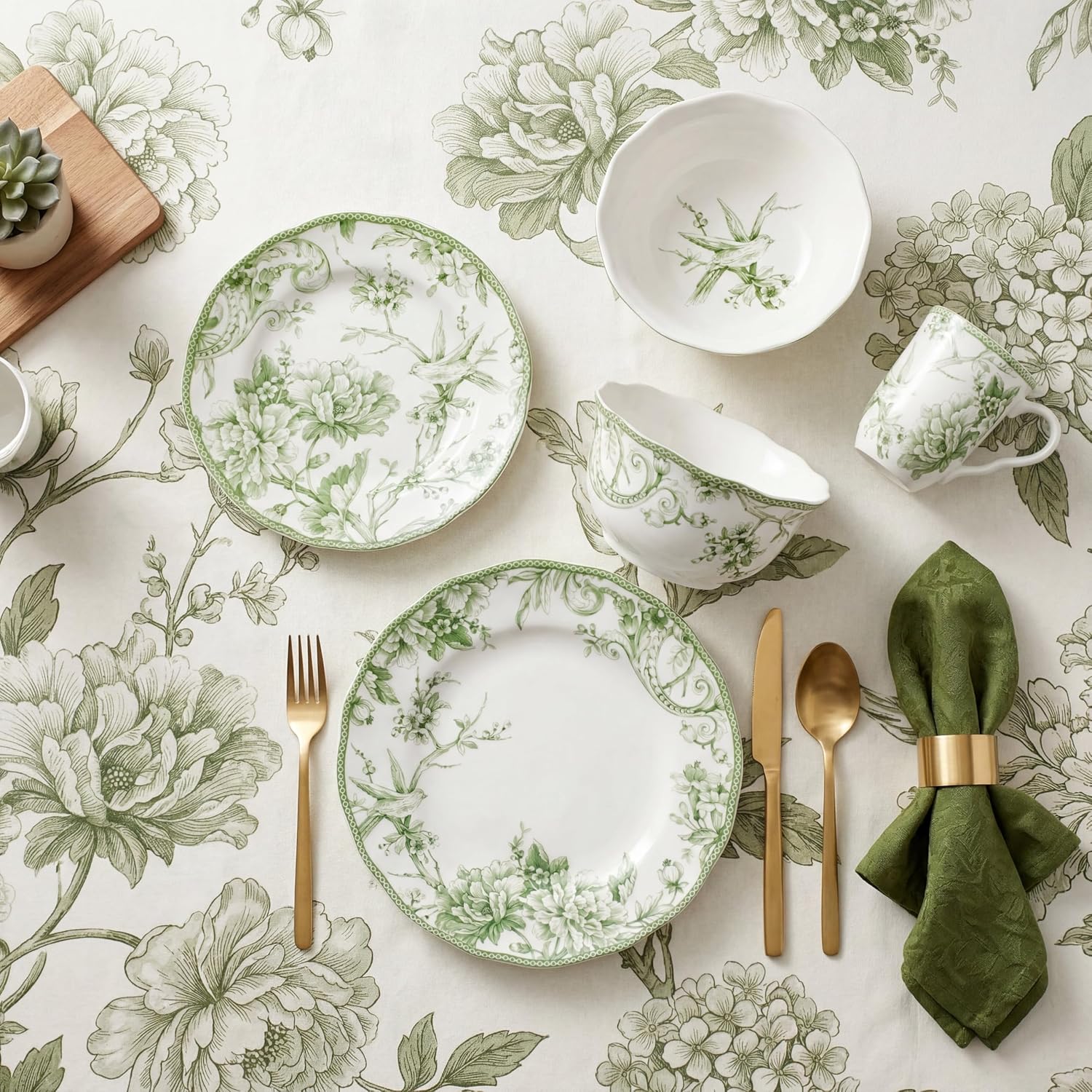 222 Fifth Adelaide Moss 16-Piece Porcelain Dinnerware Set – Service for 4, Big Dinner Plates and Bowls Sets with Mugs, Hand-Applied Decal, Microwave & Dishwasher Safe, for Everyday Entertainment