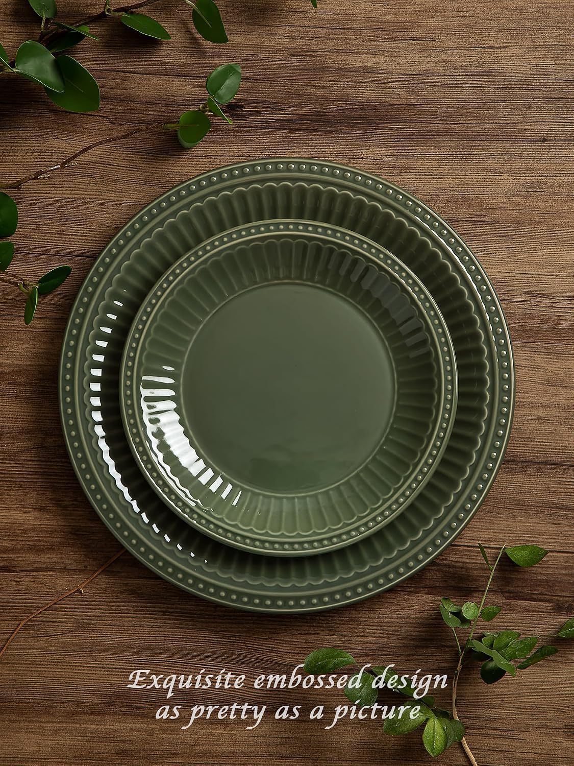 Famiware Garden Plates and Bowls Sets, 18-Piece Dishes Set for 6, Scratch Resistant Kitchen Dishes Dinnerware Set - Microwave and Dishwasher Safe, Reactive Glaze and Embossed Stoneware, Dark Green