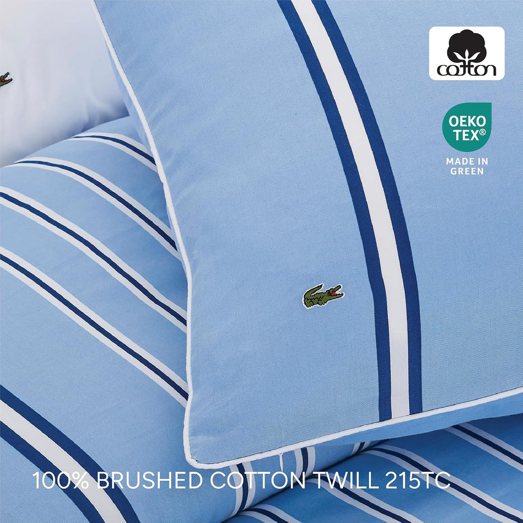 Lacoste Hollis Stripe Comforter Set, 100% Cotton Brushed Twill, Reversible Duvet with Pillow Shams, Soft & Fluffy Hotel-Style Bedding, Blue, King