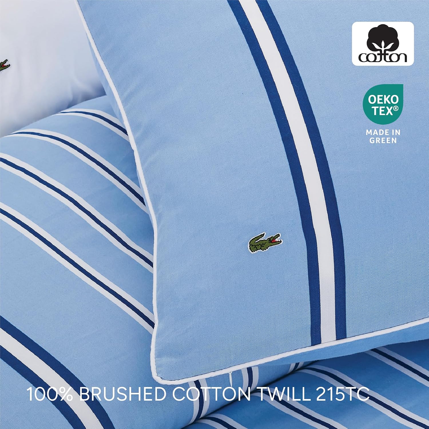 Lacoste Hollis Stripe Comforter Set, 100% Cotton Brushed Twill, Reversible Duvet with Pillow Shams, Soft & Fluffy Hotel-Style Bedding, Blue, King