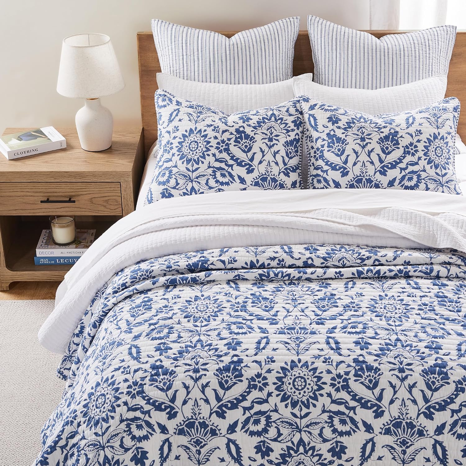 Levtex Home - Clara Blue Quilt Set - Full/Queen Quilt and Two Standard Shams - Floral - Blue White - Quilt (88x92in.) and Shams (20x26in.) - Reversible - Cotton