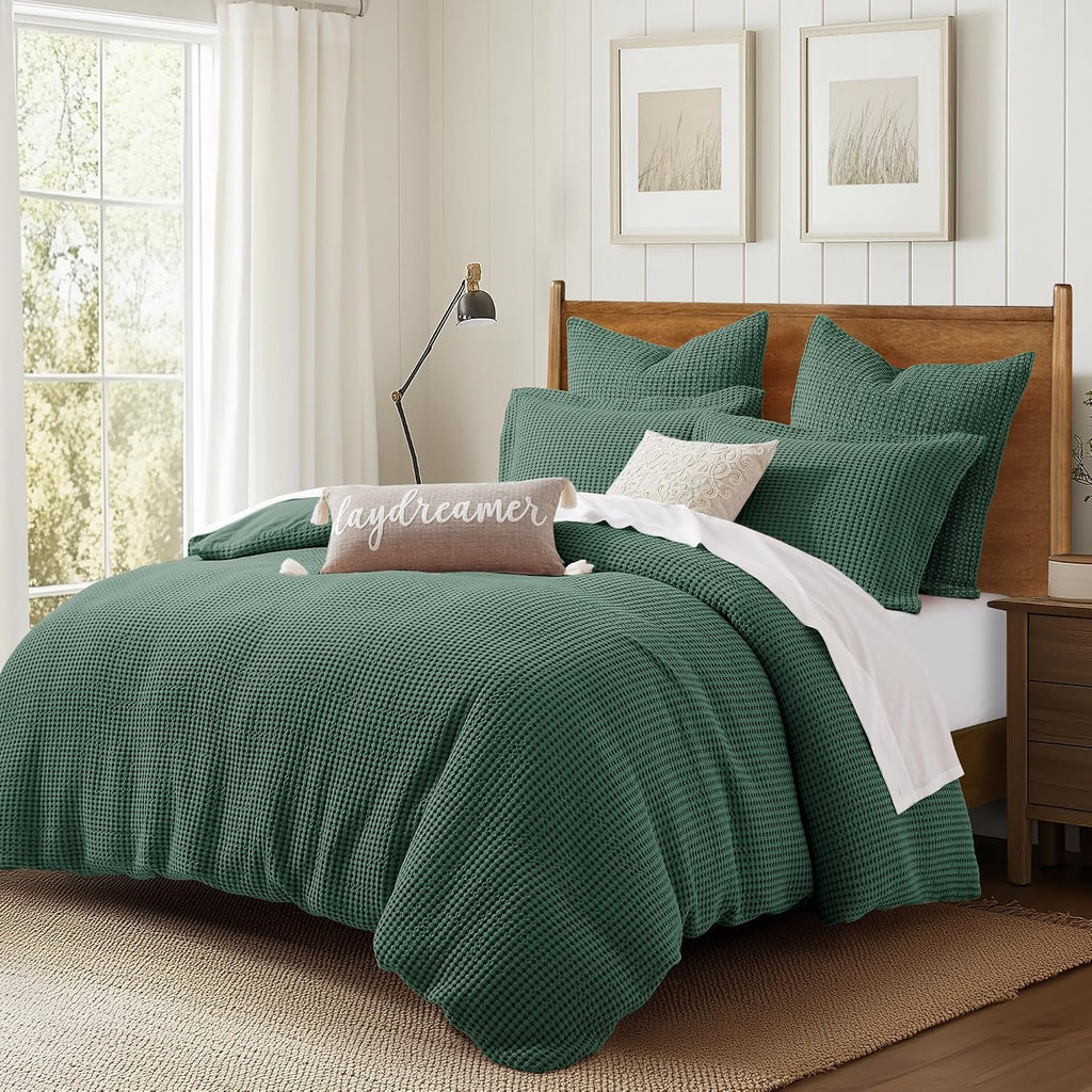 Levtex Home Mills Waffle King Duvet Cover Set (106x94in) with 2 Pillow Shams (36x20in) - Forest Green - Cotton King Size Duvet Cover Set - Soft, Pre-Washed