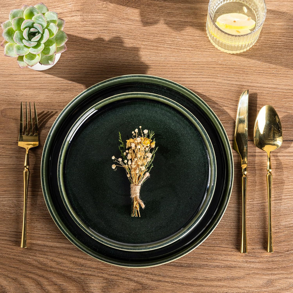 GBHOME Ceramic Dinnerware Sets for 8, 24 Pieces Stoneware Plates and Bowls Sets, Reactive Glaze Dishes -Scratch Resistant, Dishwasher&Microwave Safe, Earth Green