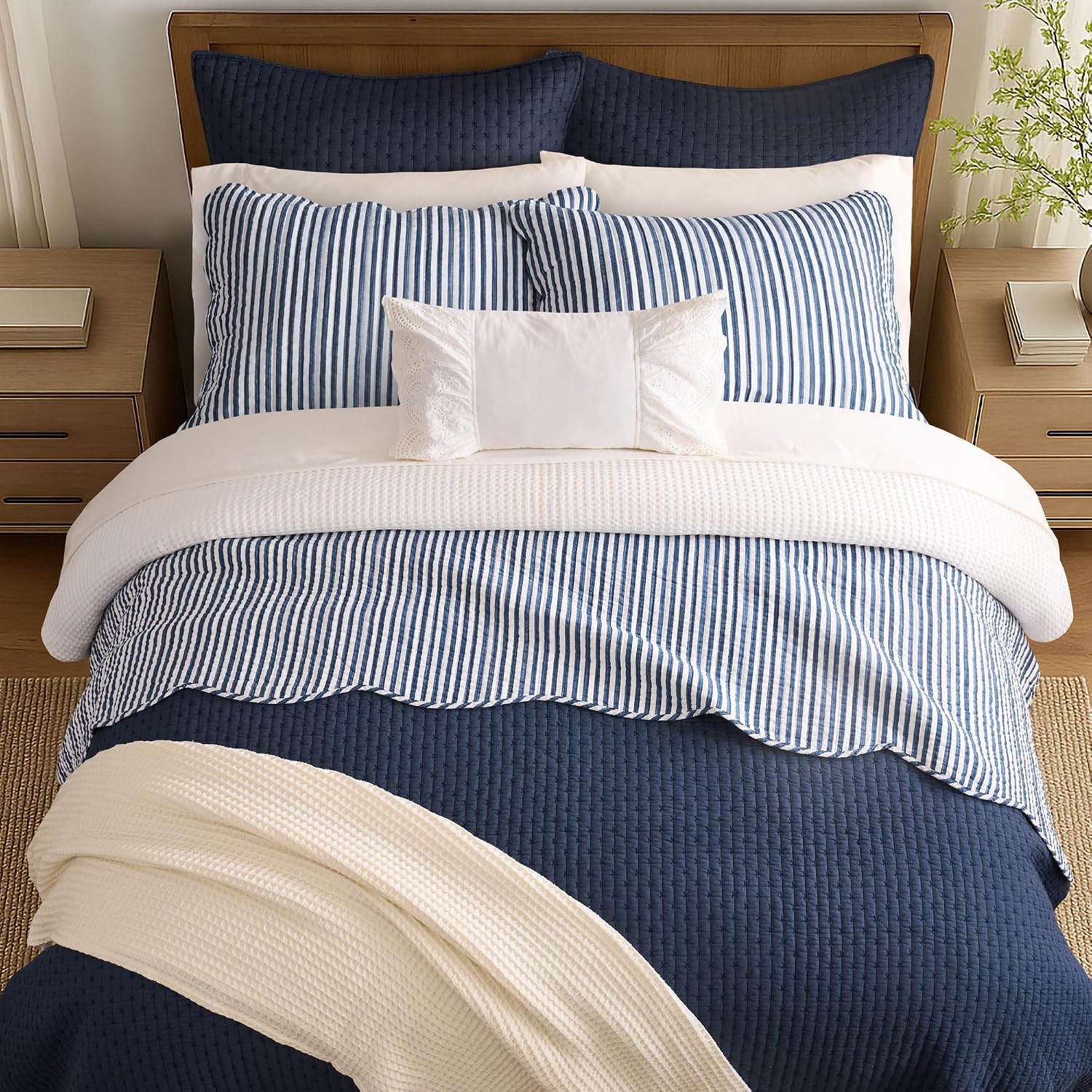 Levtex Home Cross Stitch Reversible King/Cal King Quilt Set (106x92in) and 2 Pillow Shams (36x20in) - Stitch Texture - Navy - Cotton King Size Quilt Bedding Set - Lightweight Soft Pre-Washed