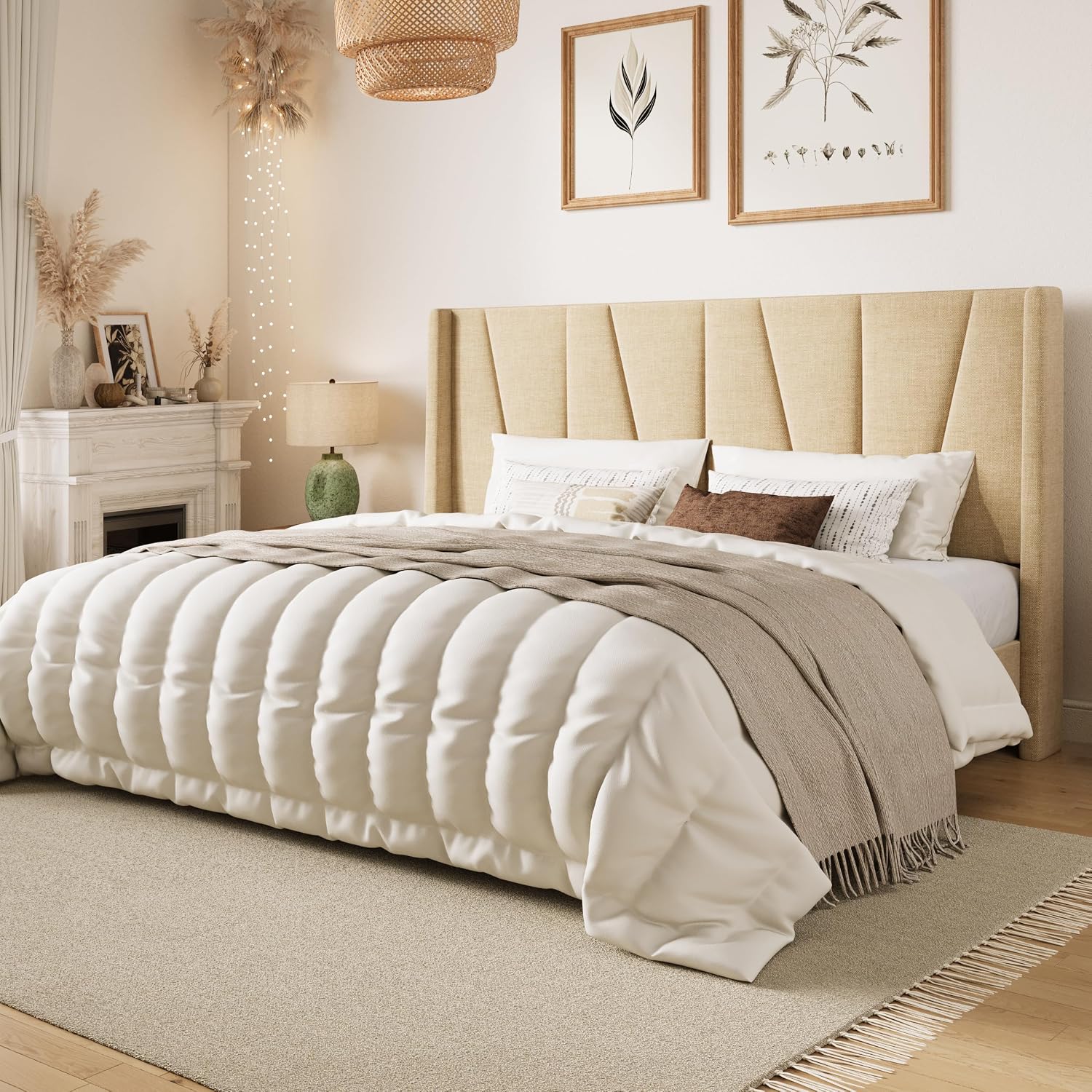 SHA CERLIN King Size Bed Frame with Geometric Wingback Headboard, Upholstered Platform Bed with 8' Under-Bed Space, No Box Spring Needed, Easy Assembly, Beige