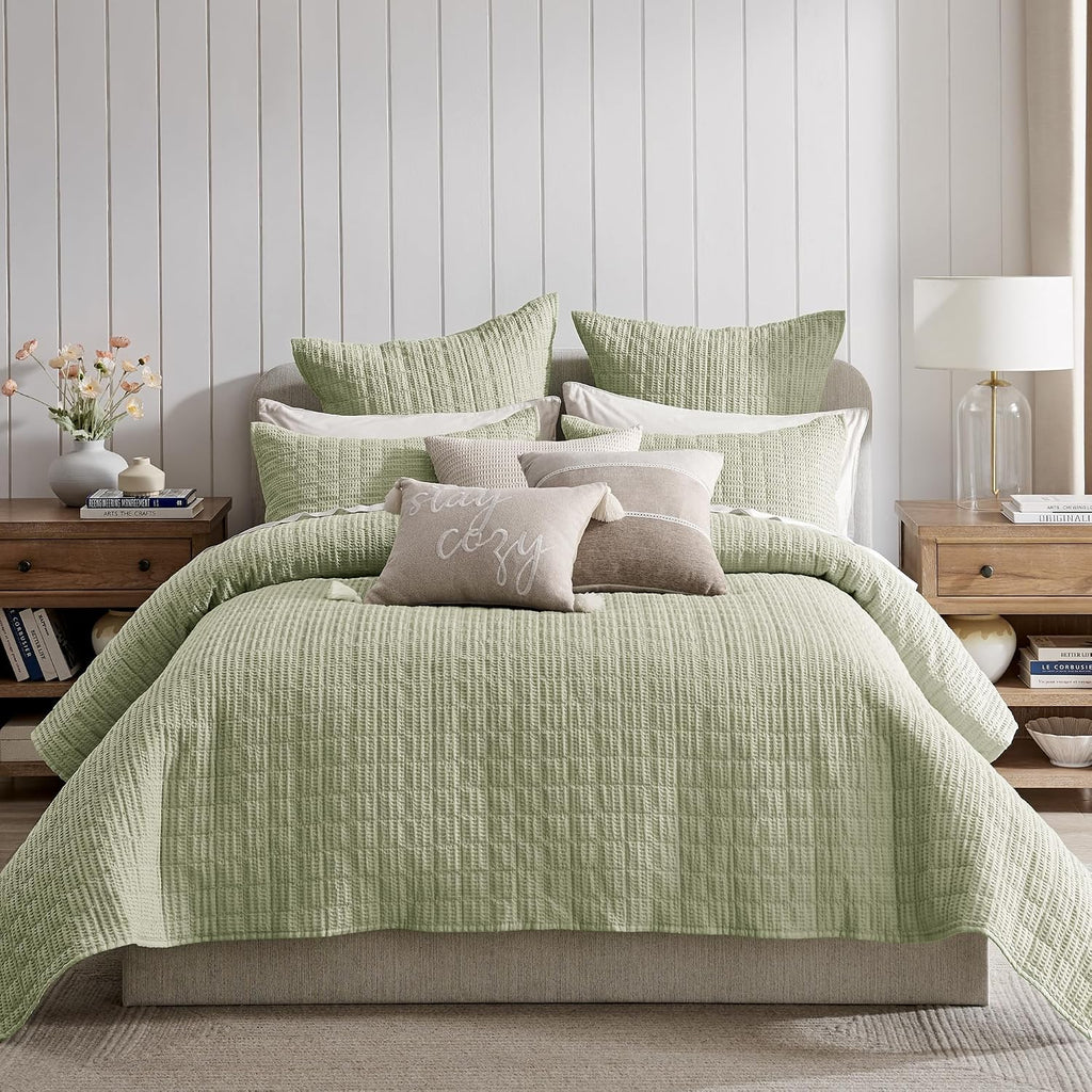 Levtex Home Cloud Waffle Full/Queen Quilt Set (88x92in) and 2 Pillow Shams (26x20in) - Box Quilted Waffle Texture - Desert Sage - Cotton Full/Queen Size Quilt Bedding Set - Lightweight Soft Pre-Washed | Textured