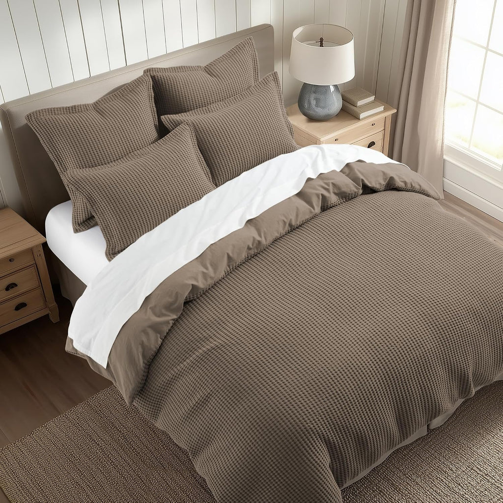 Levtex Home Mills Waffle King Duvet Cover Set (106x94in) with 2 Pillow Shams (36x20in) - Latte - Cotton King Size Duvet Cover Set - Soft, Pre-Washed