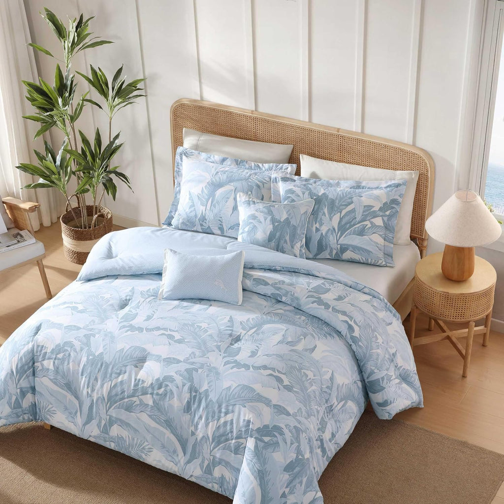 Tommy Bahama - King Comforter Set, 100% Cotton Slub Fabric with Soft Breathable Texture, 5 Piece Bed Set with Matching Pillowcases & Bonus Throw Pillows (Palm Serenity Blue)