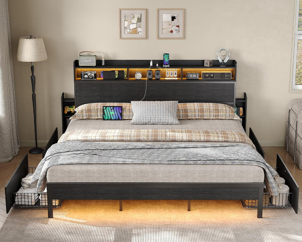 King Size Bed Frame with 4 Storage Drawers & 2 Hidden Nightstands, Platform Bed with RGB LED Lights & USB Charging Station, No Box Spring Needed, Noise-Free, Black