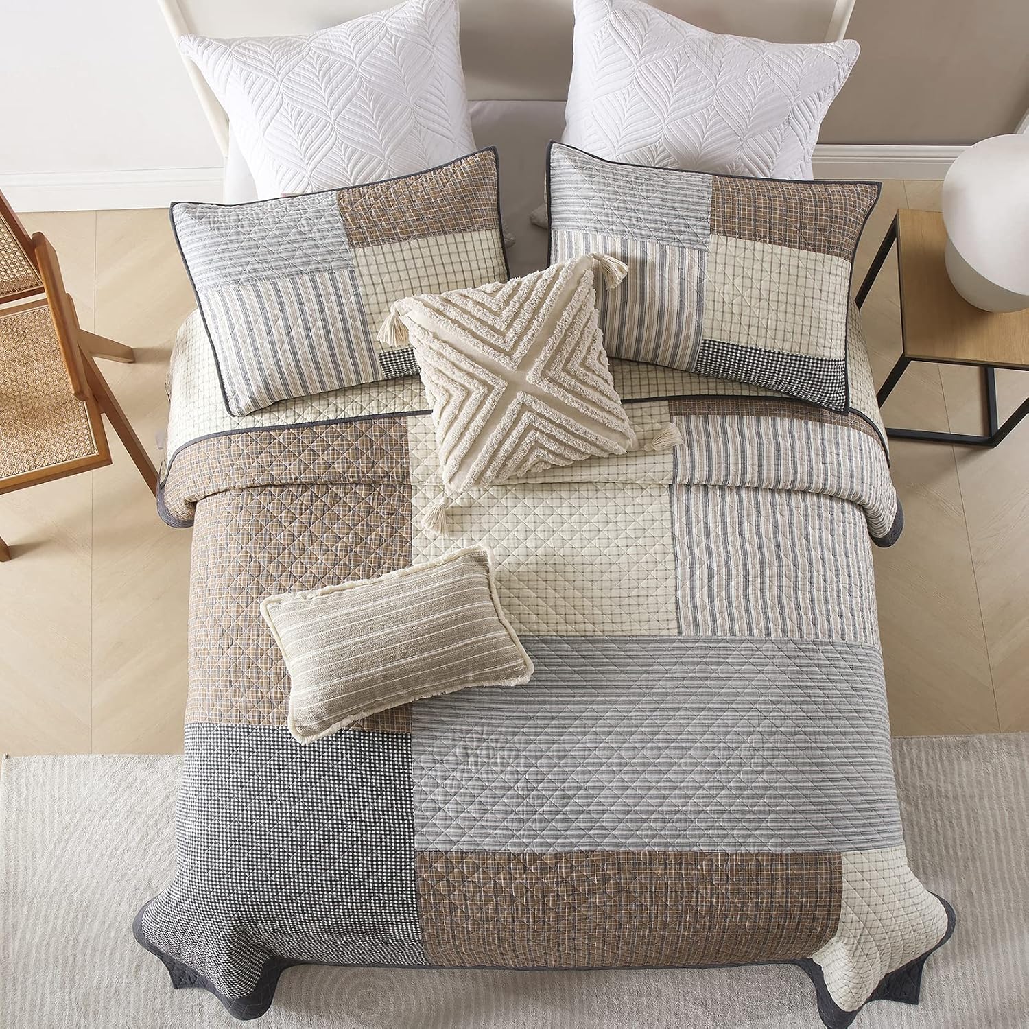 Quilts King Size - King Quilt Bedspread Sets, 100% Cotton Patchwork Quilt Bedding Set for King Bed, 3 Pieces Plaid Farmhouse Reversible Rustic Lightweight Comforter Spread, Brown/Beige/Gray