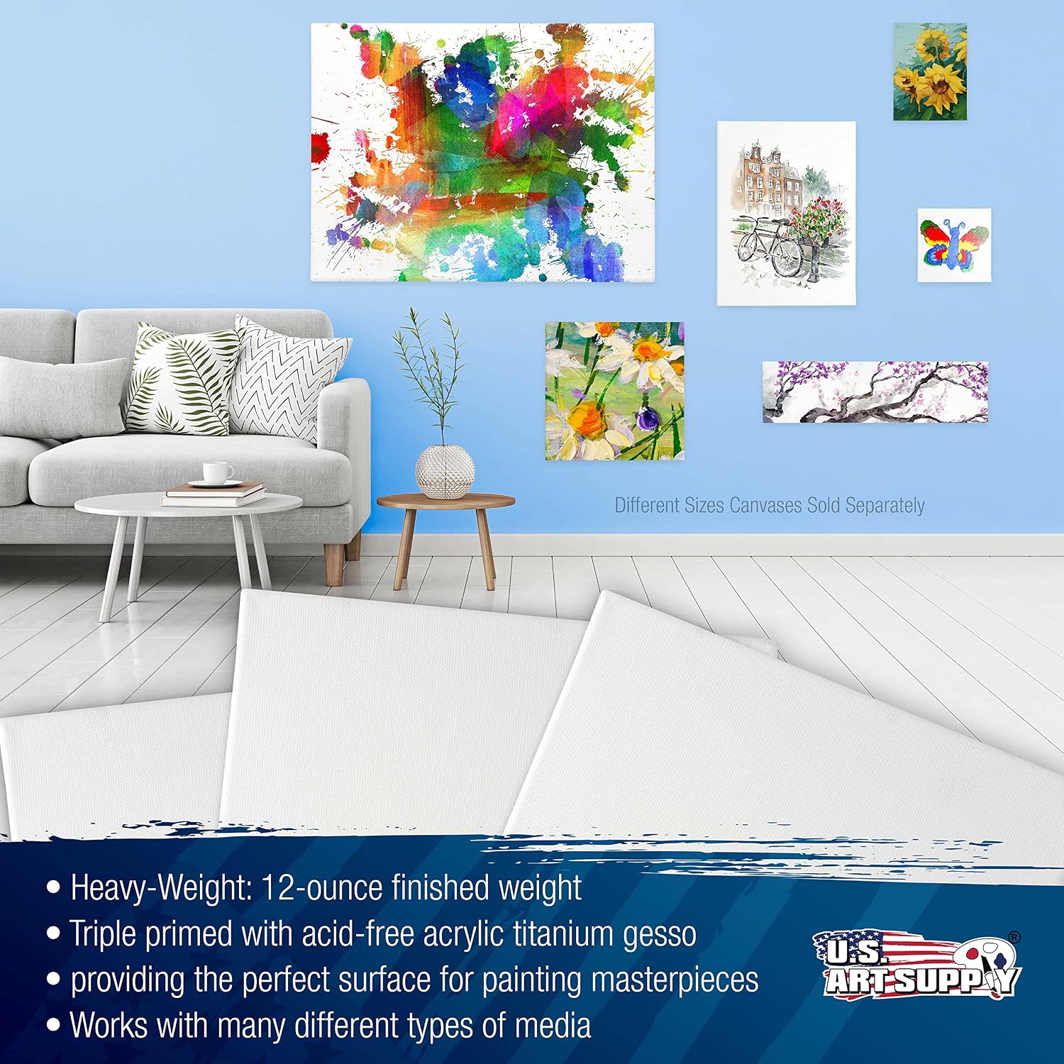 U.S. Art Supply 24 x 48 inch Stretched Canvas 12-Ounce Primed 3-Pack - Professional White Blank 3/4' Profile Heavy-Weight Gesso Acid Free Bulk Pack - Painting, Acrylic Pouring, Oil Paint