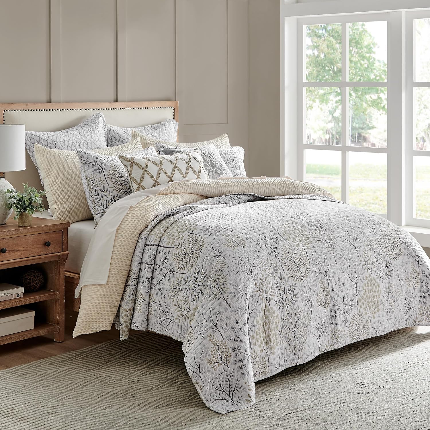 Levtex Home English Forest Natural Reversible Twin XL/Twin Quilt Set (68x86in) with 1 Pillow Sham (26x20in) - Floral - Taupe Grey - Cotton Twin Size Quilt Bedding Set - Lightweight, Soft, Pre-Washed
