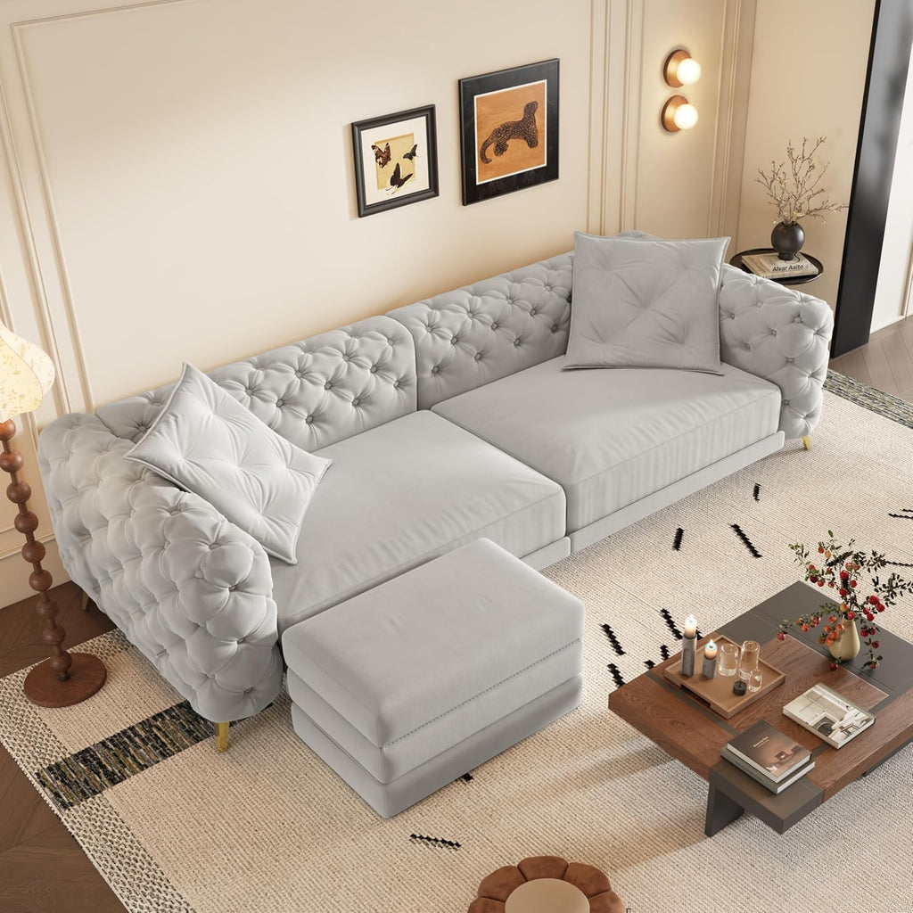 WILLIAMSPACE 97.7' 3-in-1 Convertible Sleeper Sofa Bed, Modern Button Tufted 28.4' Deep Seat Pull Out Couch Bed with Movable Ottoman, Multi-Functional 4-Seater Couch for Living Room, Velvet - Grey