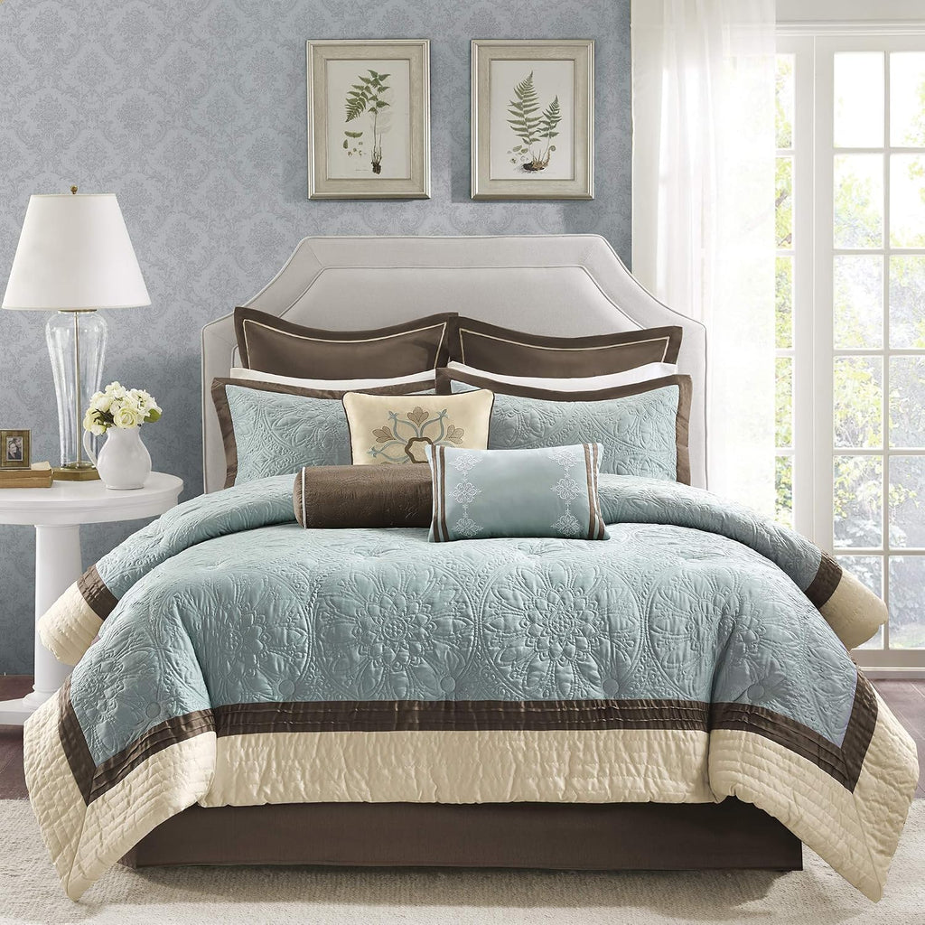 Madison Park Cozy Comforter Set Casual Modern Design All Season, Matching Bed Skirt, Decorative Pillows, Queen(92'x96'), Blue, 9 Piece (MP10-458)