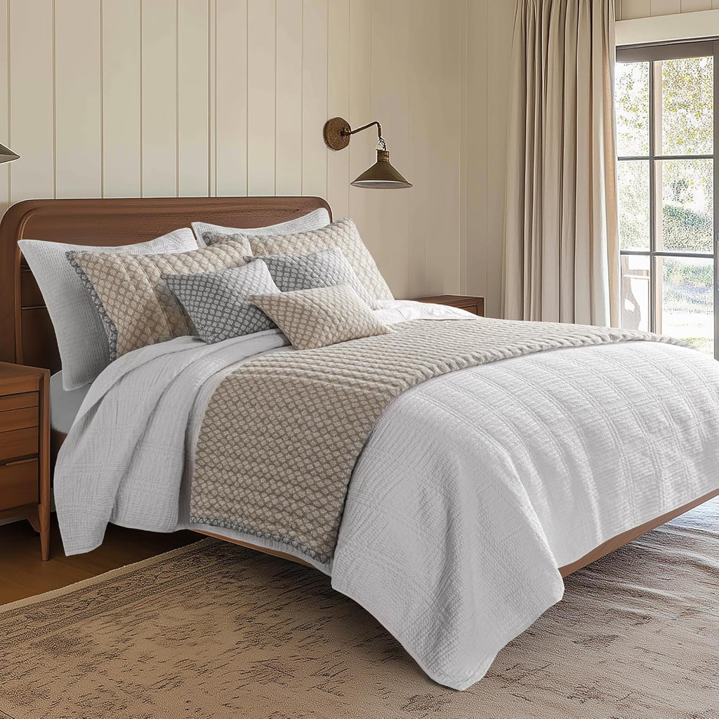 Levtex Home Cloud Waffle Full/Queen Quilt Set (88x92in) and 2 Pillow Shams (26x20) - Box Quilted Waffle Texture - Bright White - Cotton Full/Queen Size Quilt Bedding Set - Lightweight Soft Pre-Washed