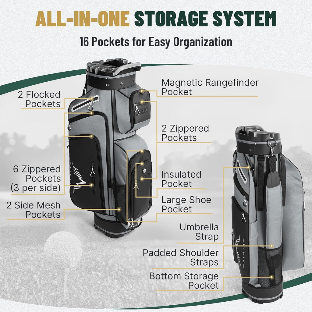 uniHimal Golf Cart Bag with 14-Way Full-Length Dividers, Golf Bag for Men Women with Magnetic Leather Pocket, Handles and Rain Cover, Lightweight Golf Club Bag Includes Cooler Pockets