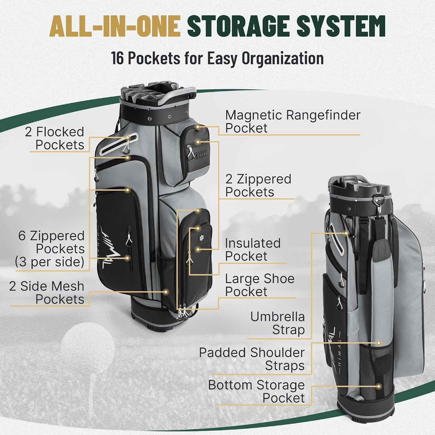 uniHimal Golf Cart Bag with 14-Way Full-Length Dividers, Golf Bag for Men Women with Magnetic Leather Pocket, Handles and Rain Cover, Lightweight Golf Club Bag Includes Cooler Pockets