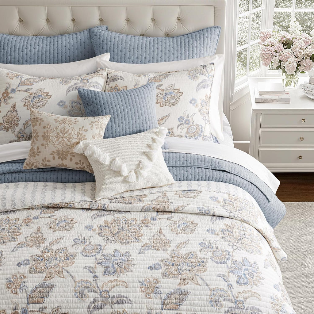 Levtex Home - Selesta Blue Quilt Set - Twin Quilt and One Standard Sham - Floral - Blue Taupe Grey - Quilt (68x86in.) and Sham (20x26in.) - Reversible - Cotton