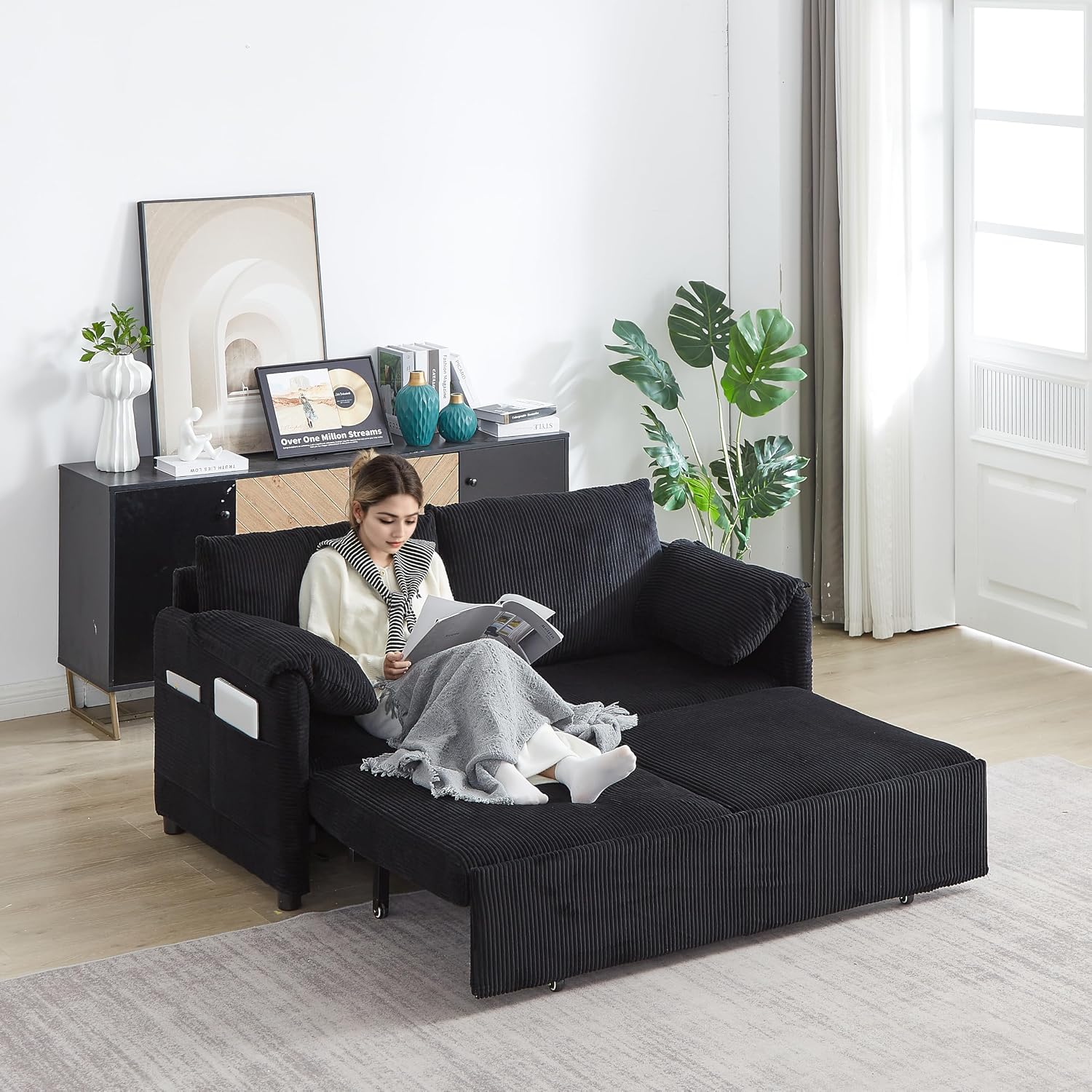 WILLIAMSPACE 64.5' Pull Out Sofa Bed, 3-in-1 Adjustable Sleeper Sofa Couch with Side Storage, Convertible Loveseat Sofa Bed Pull Out Couch for Living Room, Apartment, Corduroy, Black