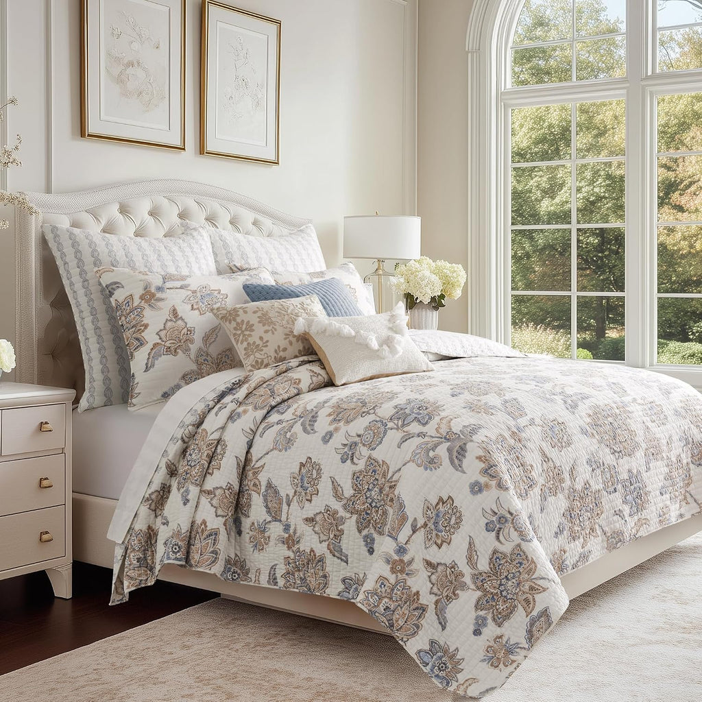 Levtex Home - Selesta Blue Quilt Set - Twin Quilt and One Standard Sham - Floral - Blue Taupe Grey - Quilt (68x86in.) and Sham (20x26in.) - Reversible - Cotton