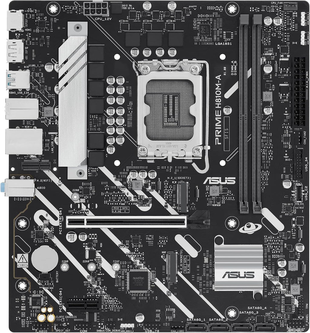 ASUS Prime H810M-A-CSM Intel® H810 LGA 1851 mATX Motherboard, 6+1+1+1 Discrete MOS, DDR5, PCIe 4.0, 2xM.2 Slots, Intel® 1Gb Ethernet, DisplayPort, HDMI™, USB 10Gbps, Front USB 5Gbps Type-C