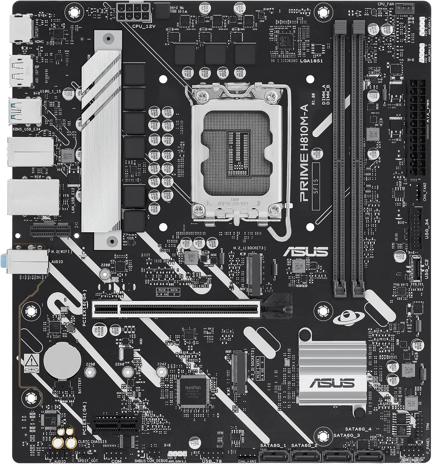 ASUS Prime H810M-A-CSM Intel® H810 LGA 1851 mATX Motherboard, 6+1+1+1 Discrete MOS, DDR5, PCIe 4.0, 2xM.2 Slots, Intel® 1Gb Ethernet, DisplayPort, HDMI™, USB 10Gbps, Front USB 5Gbps Type-C