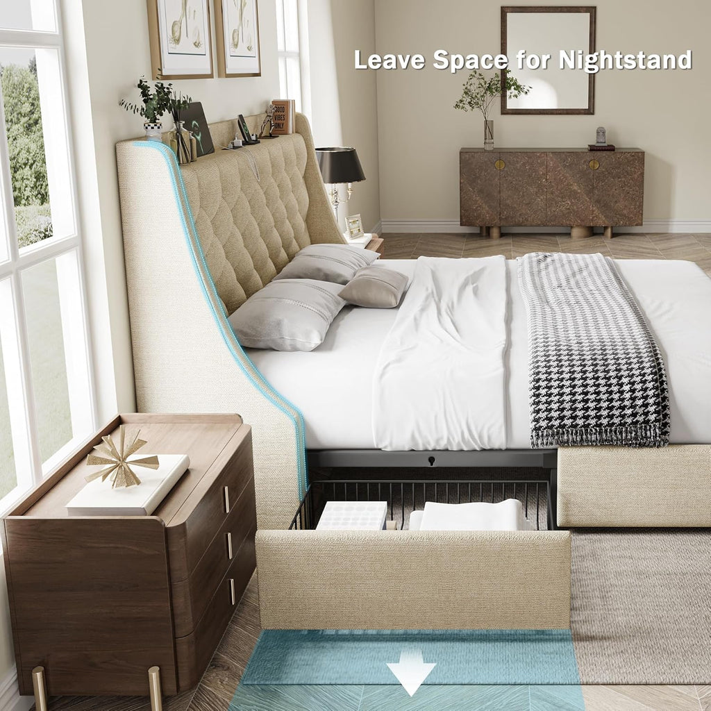 GalnFu Full Size Bed Frame with 4 Storage Drawers, Large Upholstered Wingback Headboard, Fast Charging Station, No Box Spring Needed, Noise-Free, Beige
