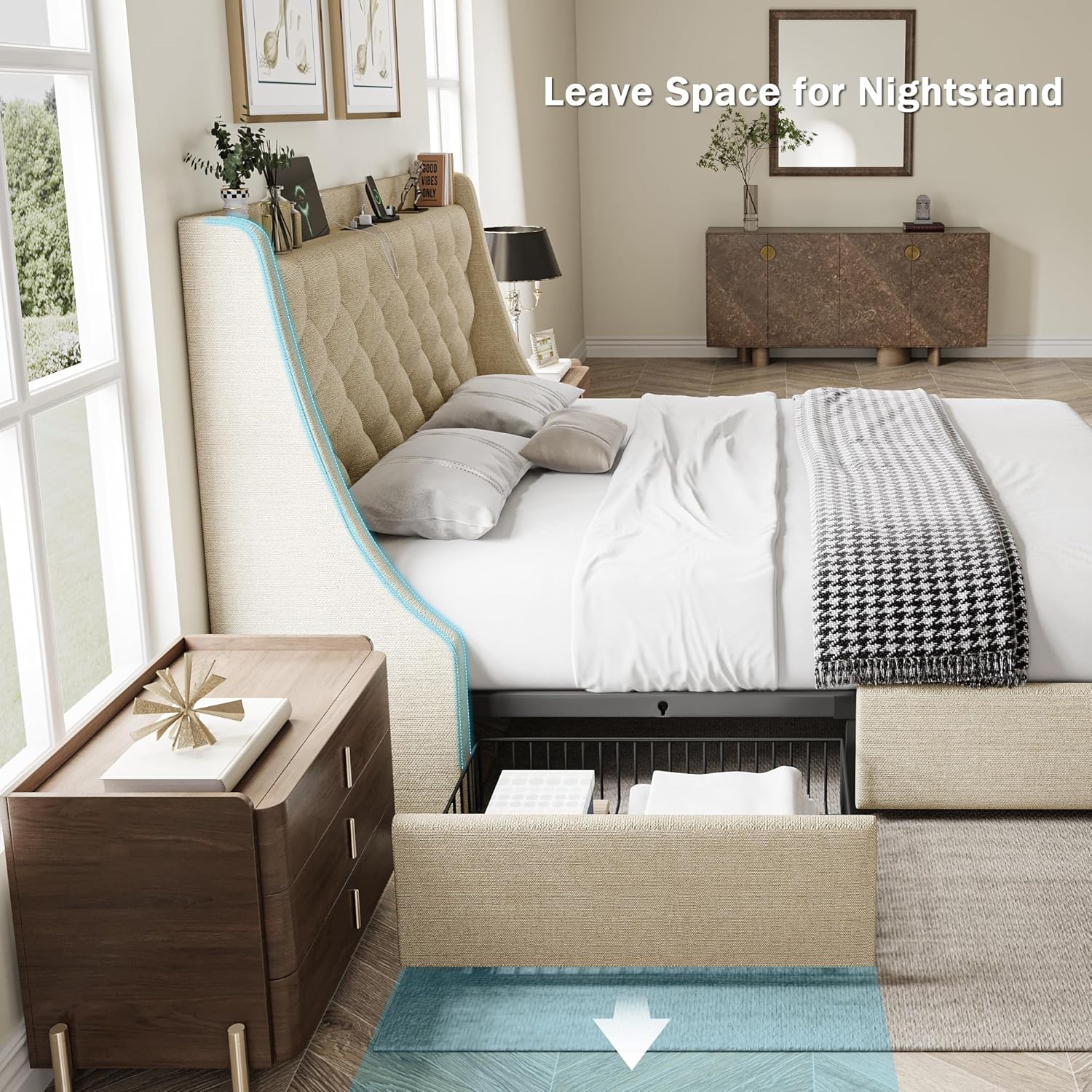 GalnFu Full Size Bed Frame with 4 Storage Drawers, Large Upholstered Wingback Headboard, Fast Charging Station, No Box Spring Needed, Noise-Free, Beige