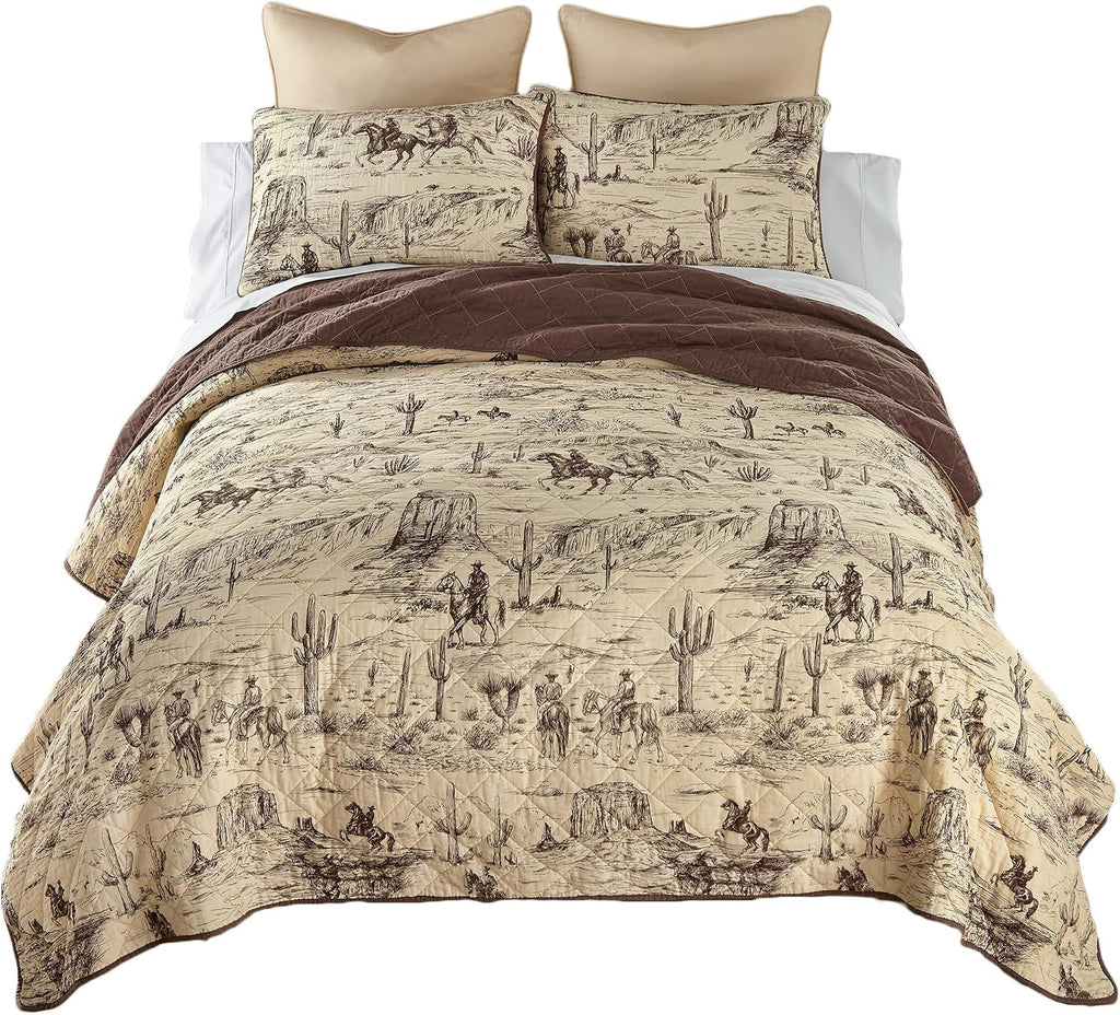 Donna Sharp Cowboy Cotton Quilted Bedding Set - 3-Piece Queen Size Quilt Set - Includes 1 Quilt and 2 Pillow Shams - Machine Washable - Perfect for Rustic Decor