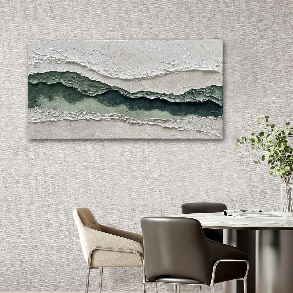 Art Hand-Painted White and Green Texture Abstract Oil Painting 24x48-inch Canvas Painting for Home and Office Wall Decoration Art