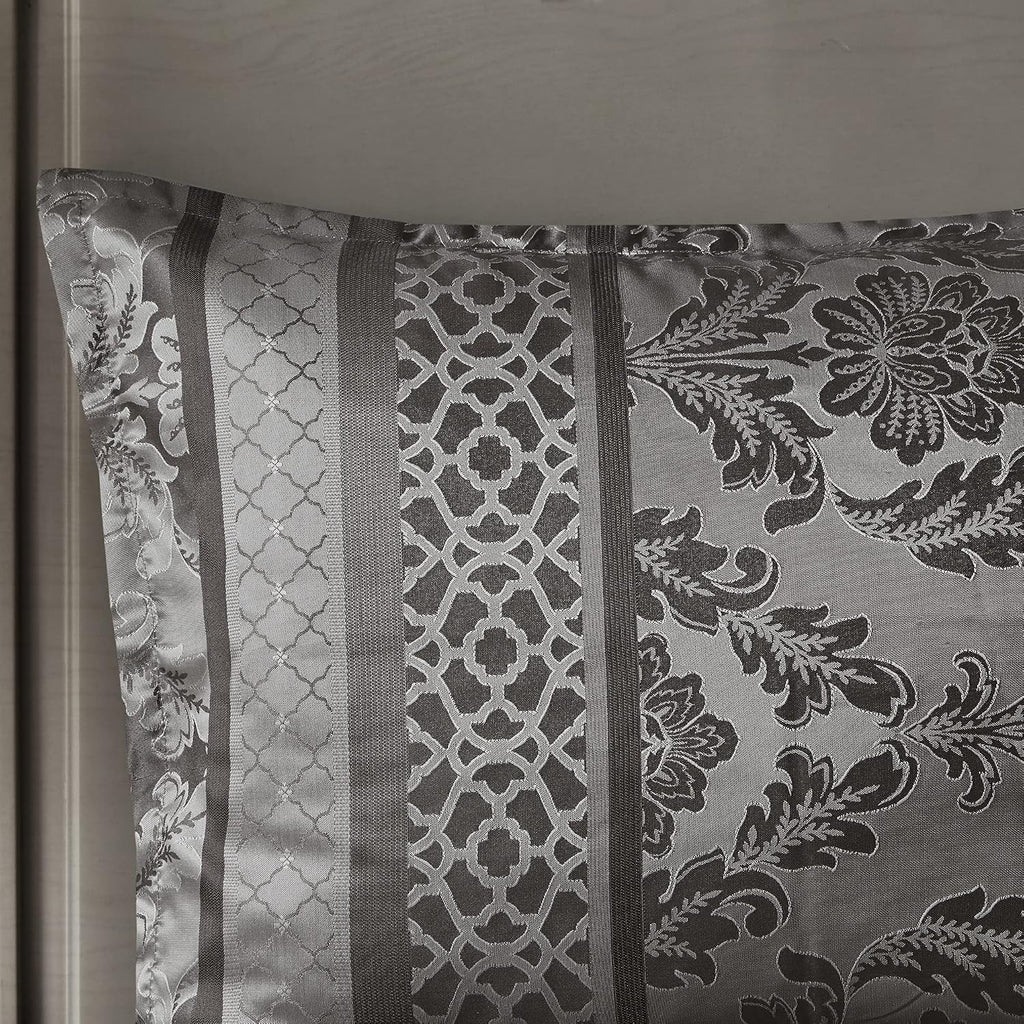 Madison Park Bellagio Cozy Comforter Set - Luxurious Jaquard Traditional Damask Design, All Season Down Alternative Bedding with Matching Shams, Decorative Pillow, Cal King(104'x92'), Grey 7 Piece