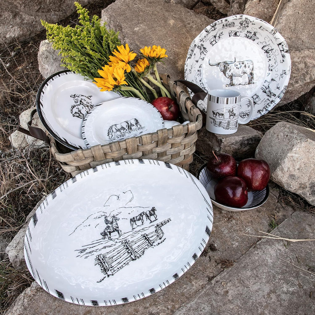 Paseo Road Ranch Life 14 Piece Melamine Plastic Dinnerware Set with Plates, Bowls and Serving Platter, Black and White, Southwestern Rustic Cabin Lodge Farmhouse Style