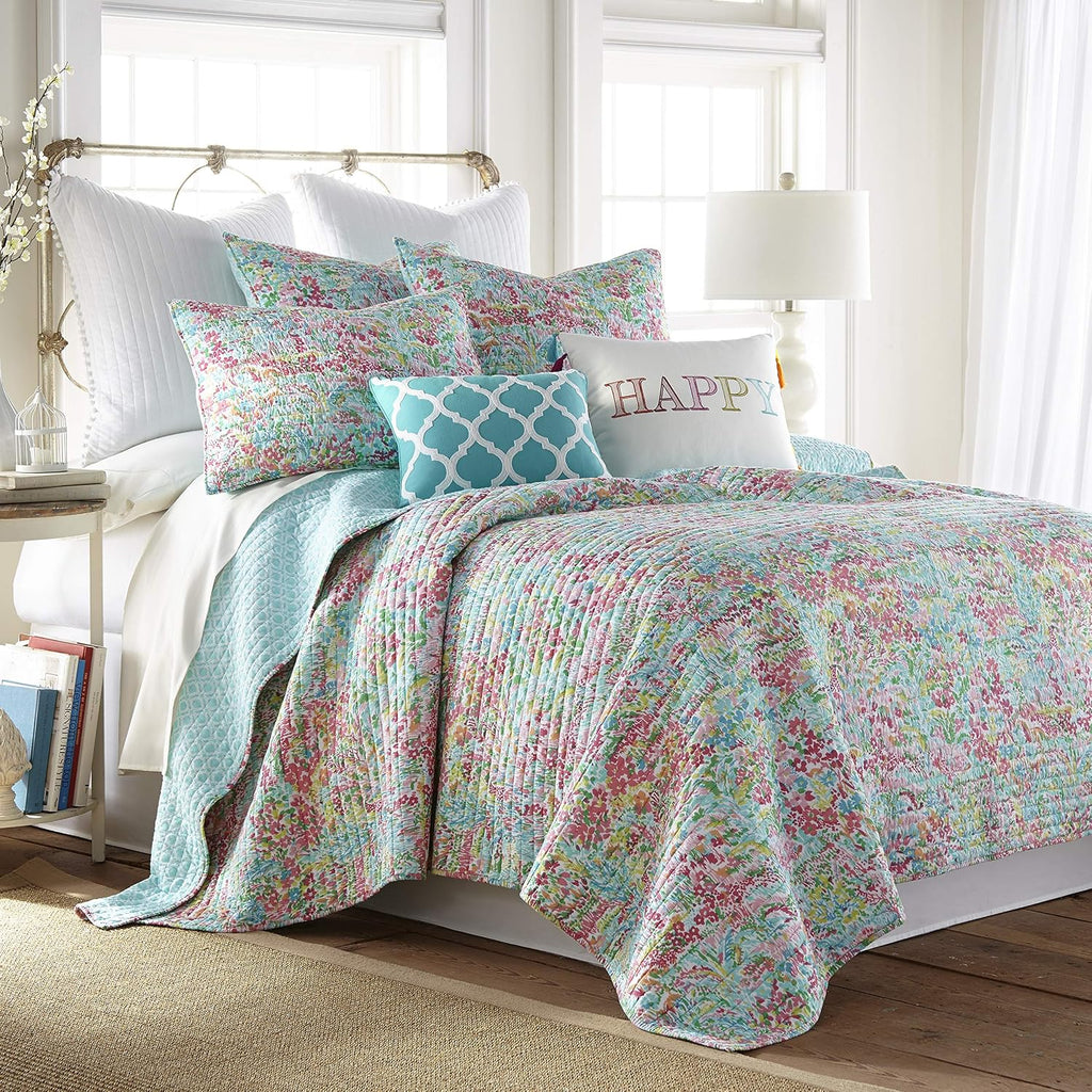 Levtex Home - Karolynna Quilt Set - King/Cal King Quilt + Two King Pillow Shams - Floral in Teal Salmon Green Wild Berry - Quilt Size (106x92in.) and Pillow Sham Size (36x20in.) - Reversible - Cotton