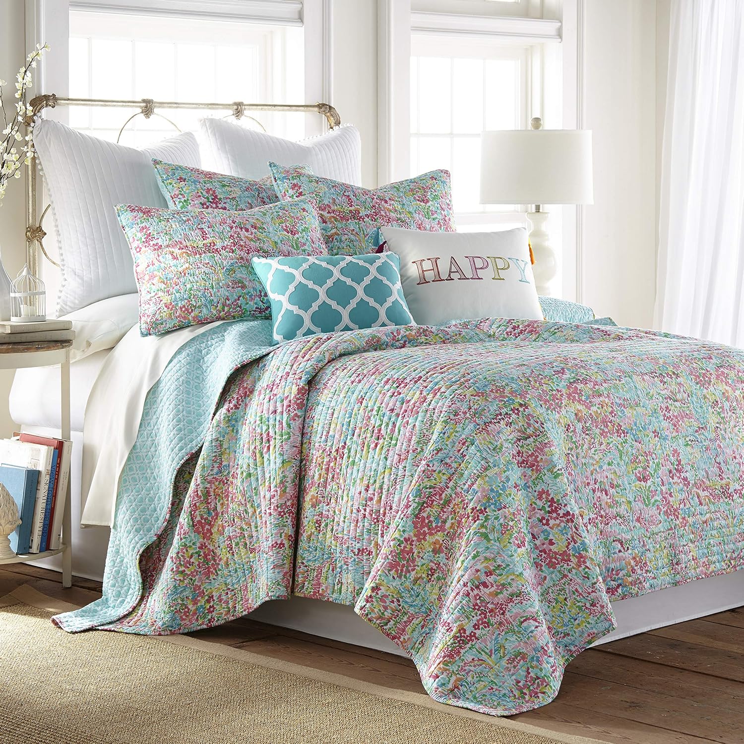Levtex Home - Karolynna Quilt Set - King/Cal King Quilt + Two King Pillow Shams - Floral in Teal Salmon Green Wild Berry - Quilt Size (106x92in.) and Pillow Sham Size (36x20in.) - Reversible - Cotton