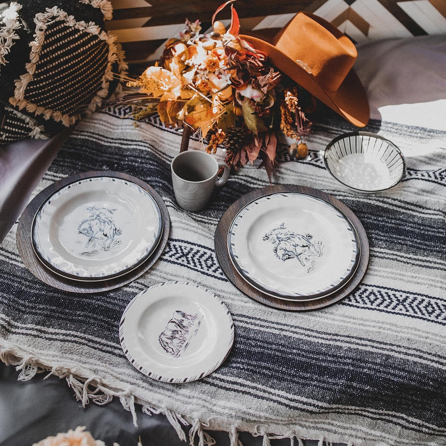 Paseo Road Ranch Life 14 Piece Melamine Plastic Dinnerware Set with Plates, Bowls and Serving Platter, Black and White, Southwestern Rustic Cabin Lodge Farmhouse Style