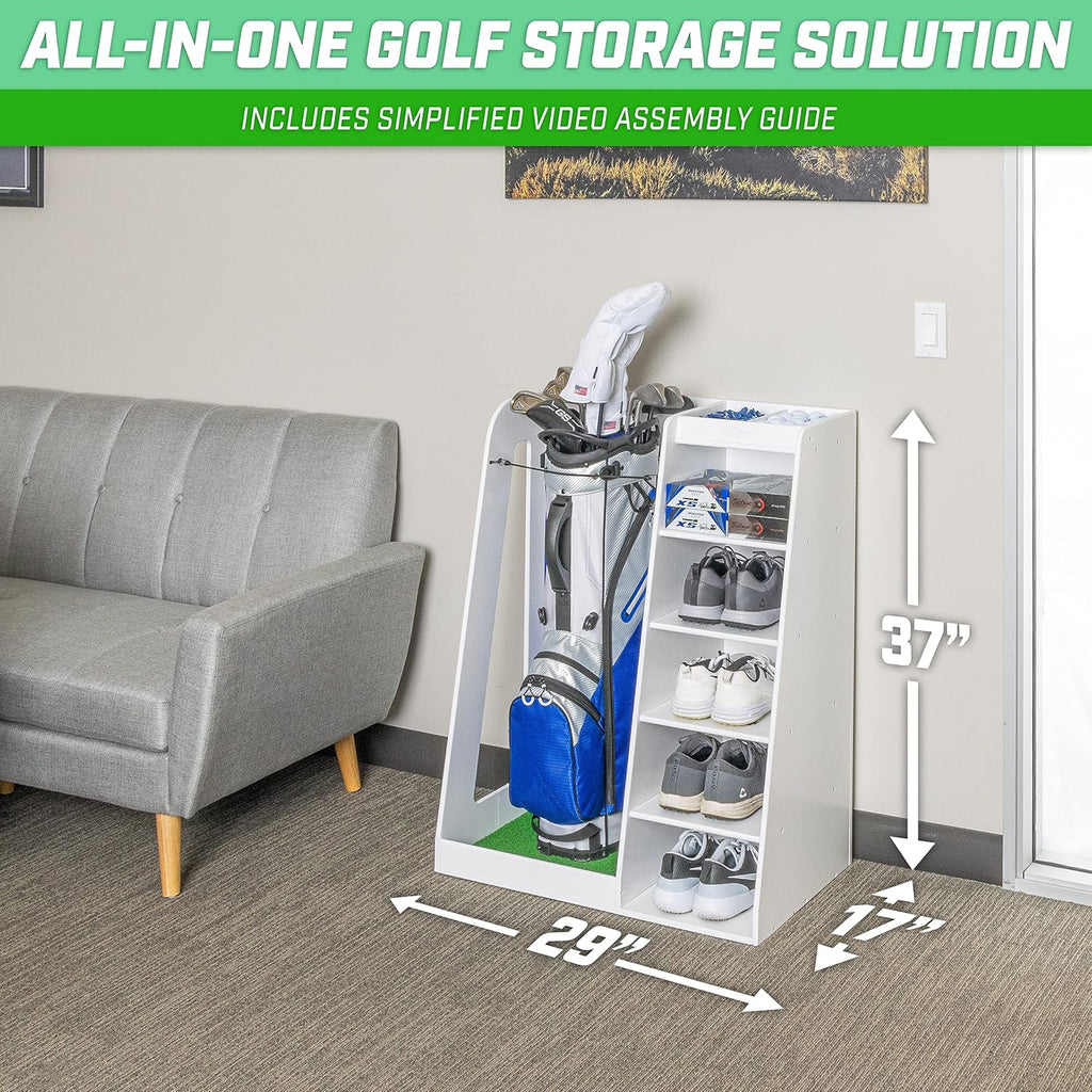 GoSports Premium Wooden Golf Bag Organizer and Storage Rack - Black, White or Brown Finish