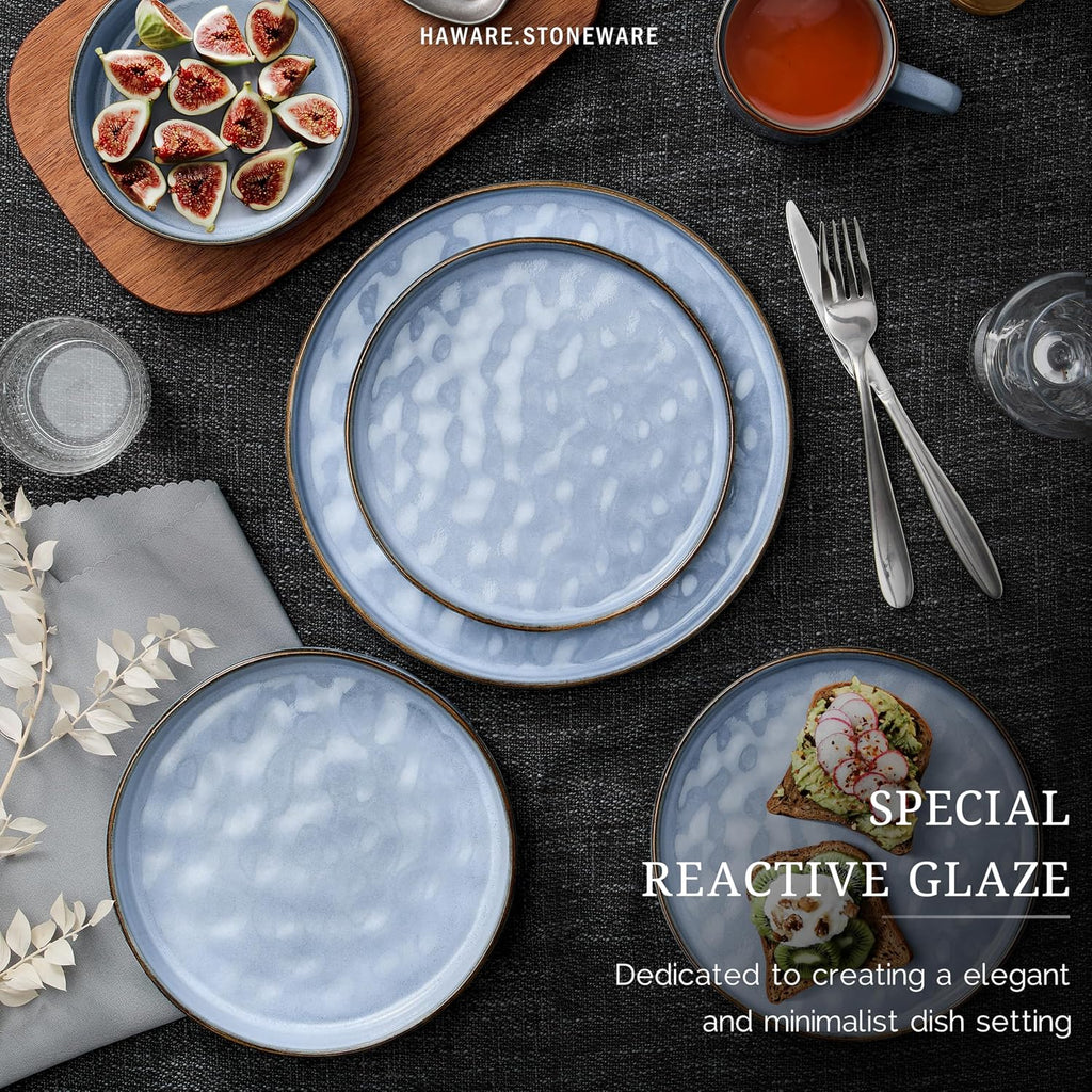 HaWare Dinnerware Sets, 16-Piece Plates and Bowls Set, Stoneware Dish Set for 4, Ceramic Dishware Set for Pasta Cereal, Chip and Scratch Resistant, Microwave and Dishwasher Safe, Reactive Blue