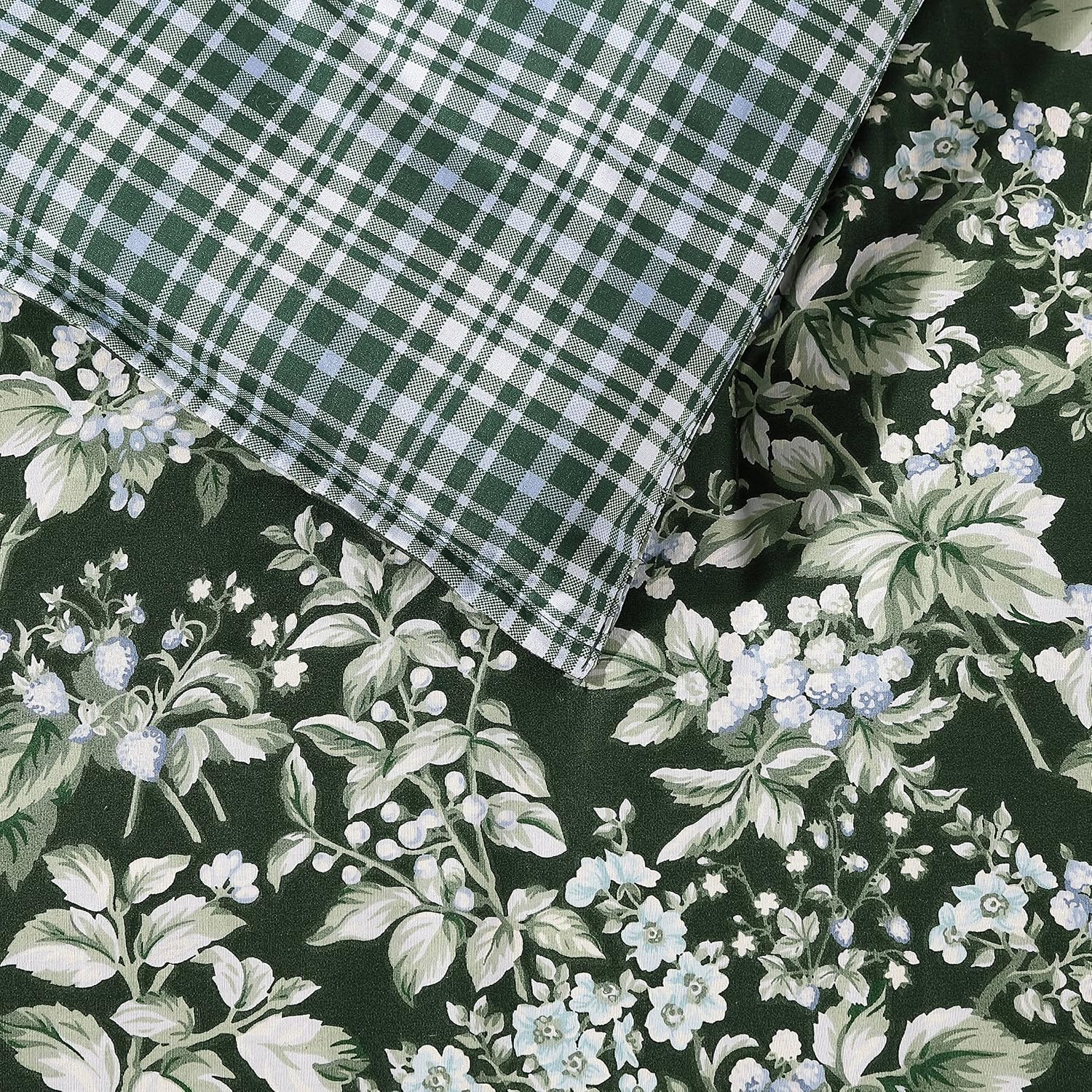 Laura Ashley- King Duvet Cover Set, Reversible Cotton Bedding Set, Includes Matching Sham(s) with Bonus Euro Sham(s) & Throw Pillow Covers (Bramble Floral Green, King)