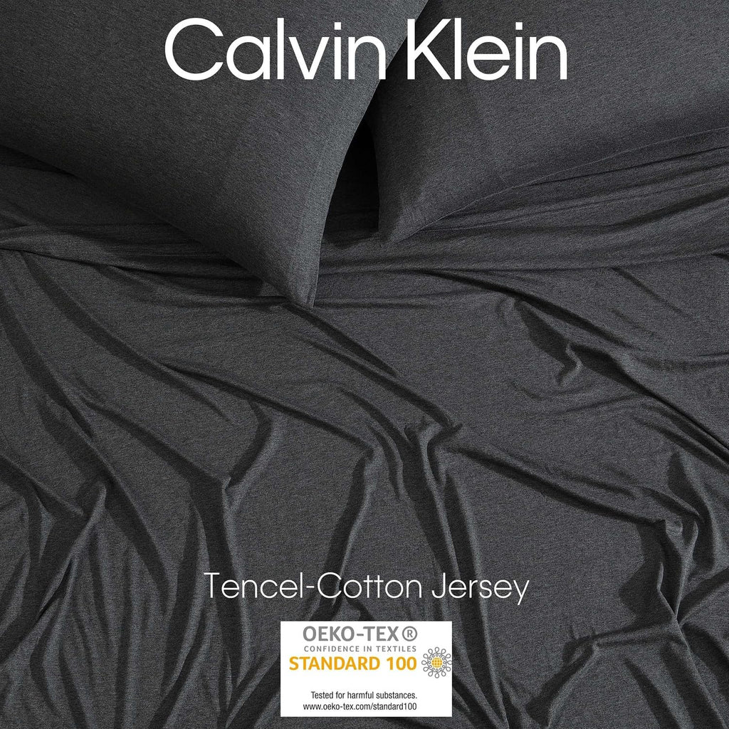 Calvin Klein - Queen Size Sheets Set, Naturally Soft Cotton-Blend Melange Jersey Bedding - Bed Sheets with Matching Pillowcases & Fitted Sheet (Modern Cotton Gunmetal Grey)