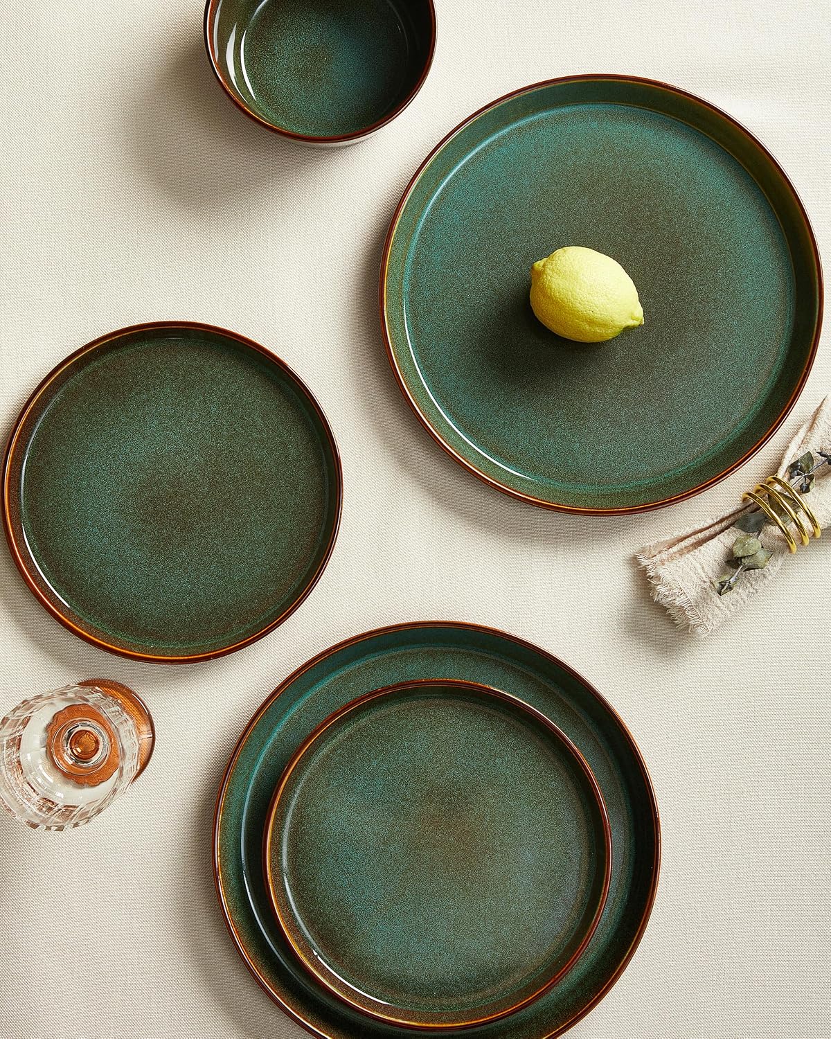 Pokini Plates and Bowls Sets for 8, Ceramic Dinnerware Sets, Kitchen Dish Set, Microwave & Dishwasher Safe Dishware, Highly Durable Handcrafted Dinner Set, Brown Green